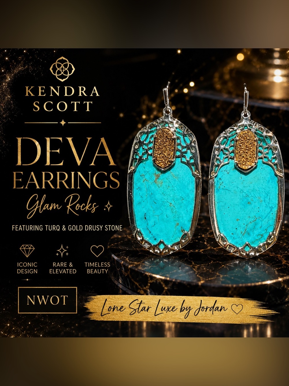 NWOT Kendra Scott Deva earrings Glam Rocks featuring Turq & Gold drusy stone